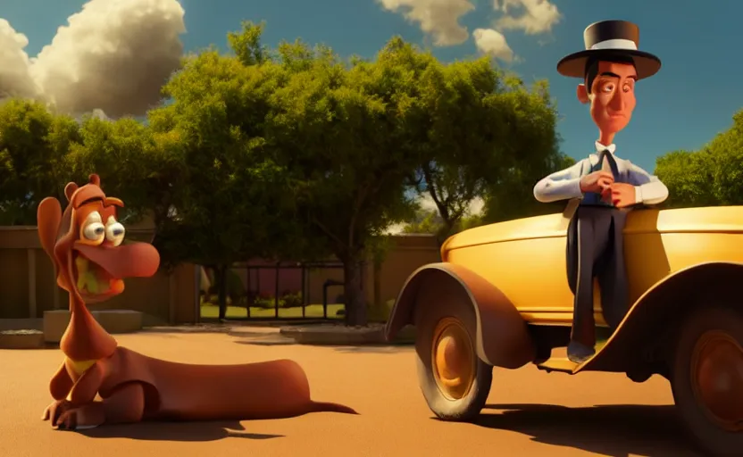 Image similar to buster keaton in disney pixar style, volumetric lighting, octane render, unreal engine, very detailed