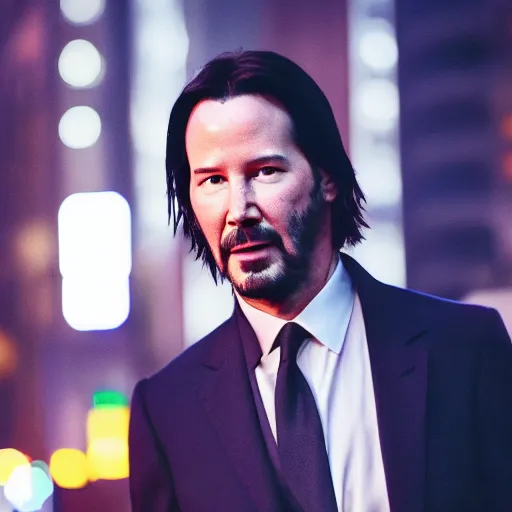 Image similar to a still of Keanu Reeves. Shallow depth of field. City at night in background, lights, colours ,studio lighting, mood, 4K. Profession photography