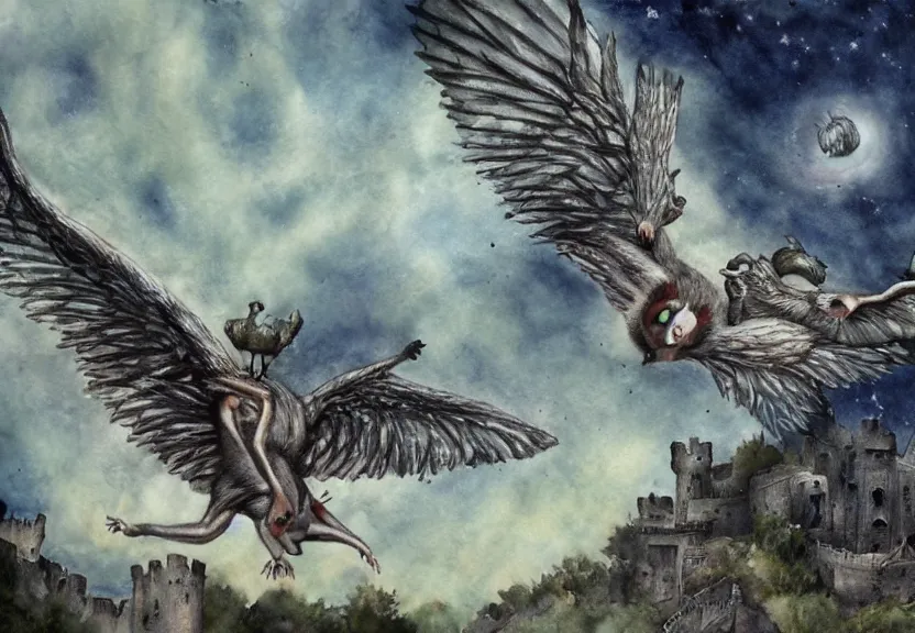 Image similar to epic winged possum flying over a medieval castle under a dark starred sky, dark fantasy, watercolor, dreaming illusion, highly detailed, 4k, trending on Artstation, award-winning