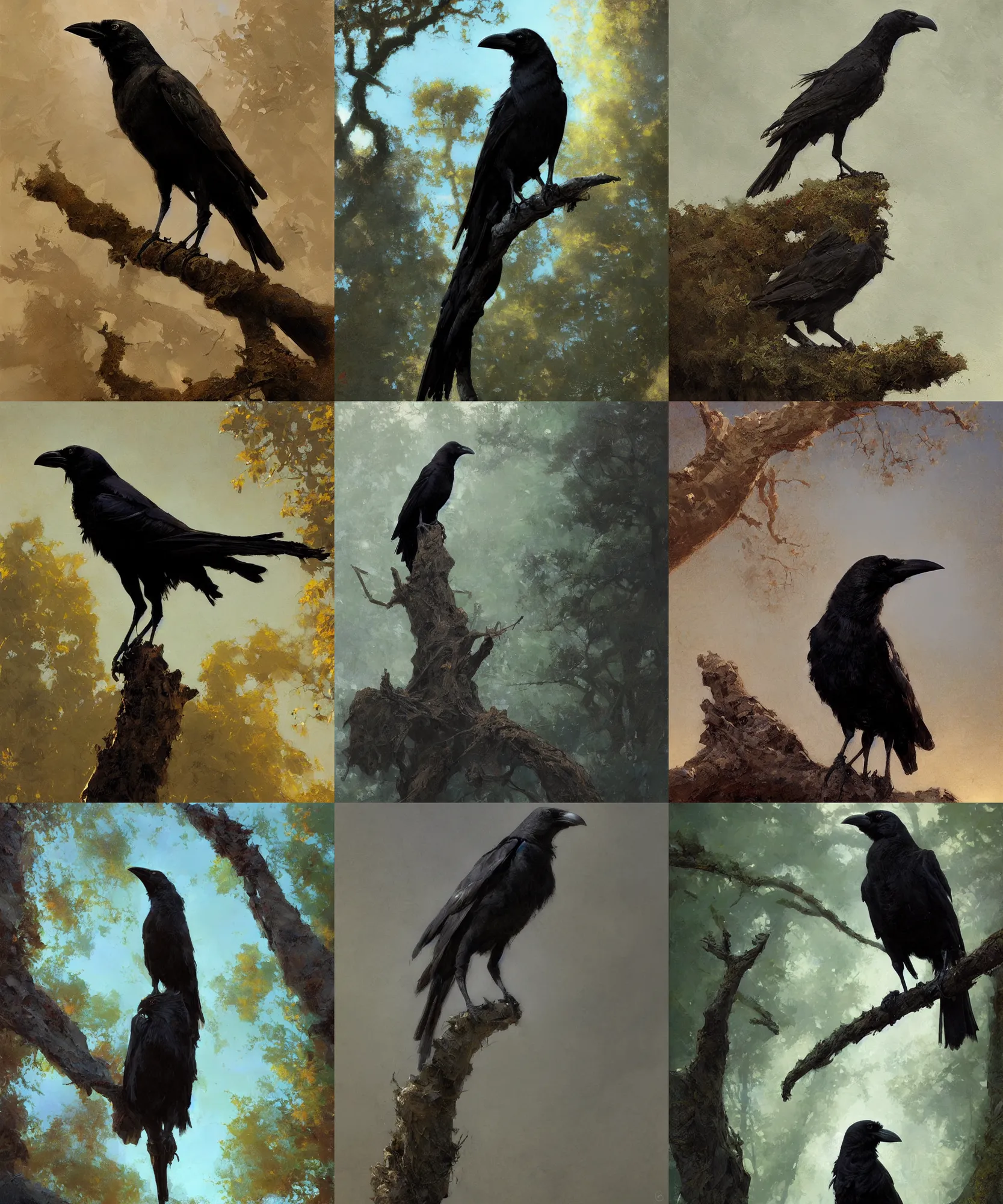 Prompt: low angle view digital art painting of a crow standing on tree painted by craig mullins and gaston bussiere and greg rutkowski, symmetrical face, defined facial features, symmetrical facial features, dramatic lighting