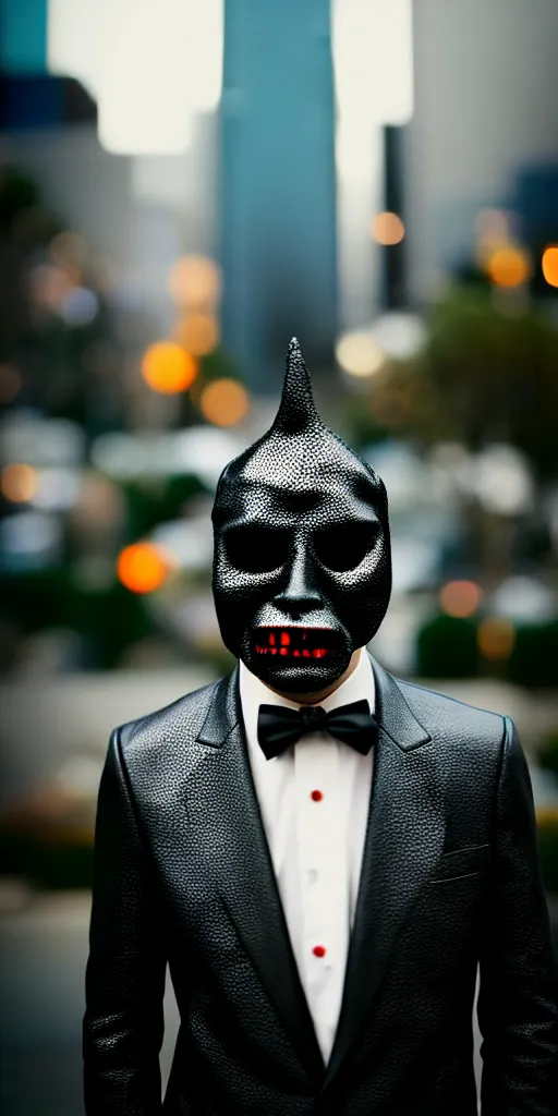 Image similar to sharp portrait of a man in a suit with a face made of black shiny leather standing in los angeles, blured zombies on a background, bokeh, detailed, film photography, kodak portra 4 0 0, mamiya,