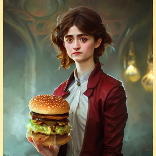 Image similar to Natalia Dyer Eating Big Macs, dripping BBQ Sauce, serving burgers, D&D, fantasy, intricate, elegant, highly detailed, digital painting, artstation, concept art, matte, sharp focus, illustration, hearthstone, art by Artgerm and Greg Rutkowski and Alphonse Mucha