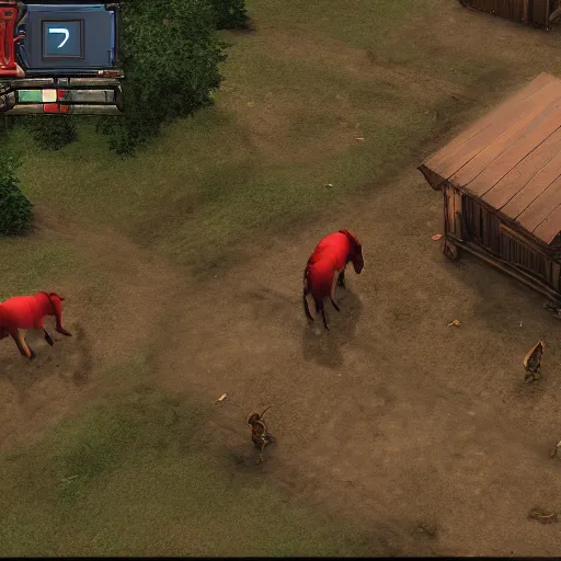 Prompt: Red Read Redemption 2 as an isometric Western real time strategy game from 2008, in game screenshot