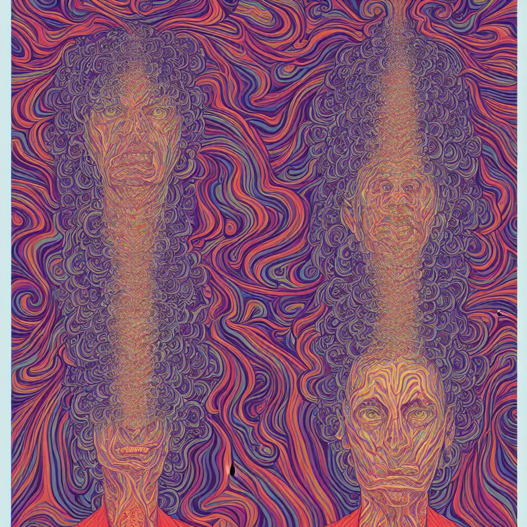 Prompt: a portrait of a multiheaded psychedelic monster on a trip by Alex grey, flat design, screen print by Kawase Hasui and dan hillier, 8k unreal engine