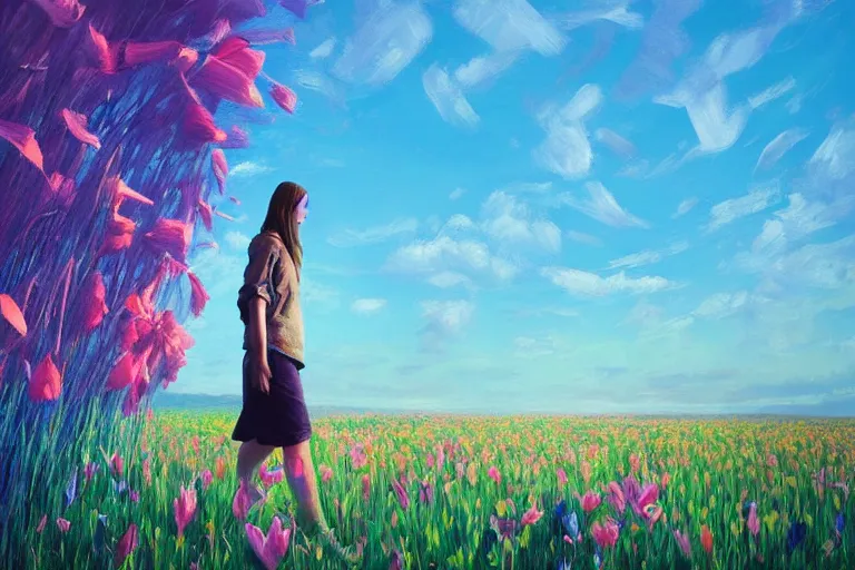 Image similar to giant gladiola head, girl walking in field of flowers, surreal photography, sunrise, blue sky, dramatic light, impressionist painting, digital painting, artstation, simon stalenhag