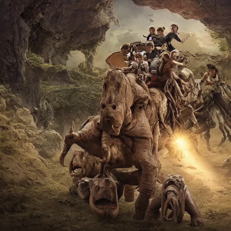 Image similar to 70mm still from a sci fi blockbuster movie made in 2022, set in 1860, of a family riding on the back of alien hippos, on an alien planet, across an alien landscape that is full of strange wild alien plants and flowers, the family are wearing 1850s era clothes, cinematic lighting, 8k, in focus faces, good quality lighting, good quality photography, oscar winner