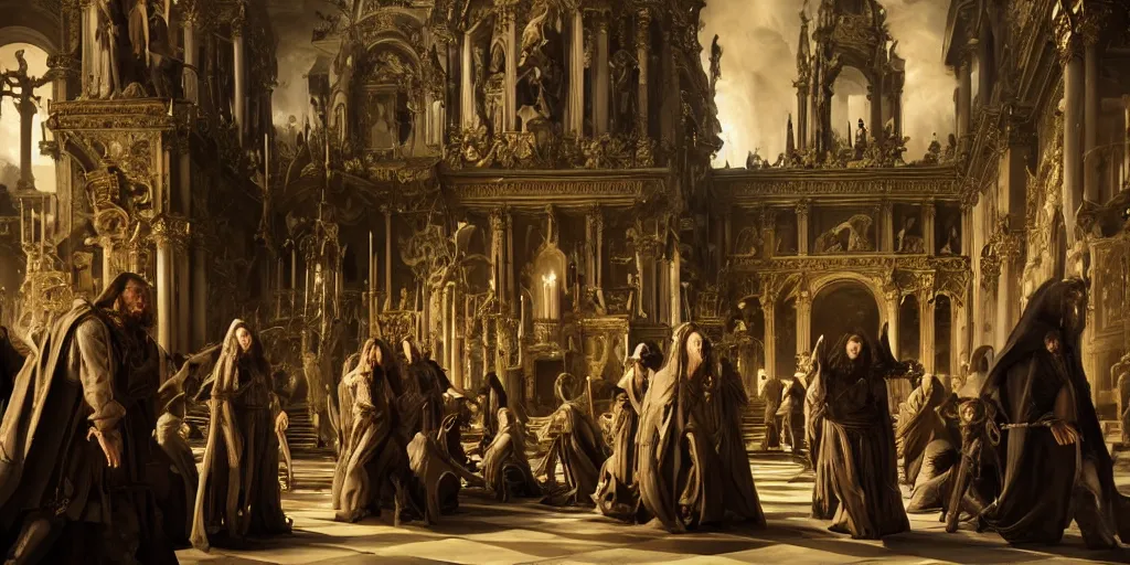 Prompt: beautiful oil matte painting, black plague infected people meeting the grim reaper inside a baroque cathedral, wonderful masterpiece highly detailed, beautiful cinematic light deep focus, elegant, digital painting, smooth, sharp focus, golden ratio, dramatic illumination, ultra realistic, 8 k, art by salvator rosa