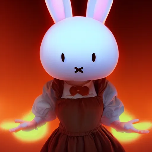 Image similar to Miffy-Miffy Bon-Bons the Bunny Girl, huggy wuggy from poppy playtime video game, fullbody, ultra high detailed, glowing lights, oil painting, Greg Rutkowski, Charlie Bowater, Beeple, unreal 5, DAZ, hyperrealistic, octane render, RPG portrait, dynamic lighting, fantasy art, beautiful face