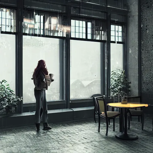 Prompt: A young woman sitting in a cafe looking out of the window with rain outside, cyberpunk, ultra realistic, concept art, intricate details, eerie, highly detailed, photorealistic, octane render, 8k, unreal engine, art by Bjorn Hurri