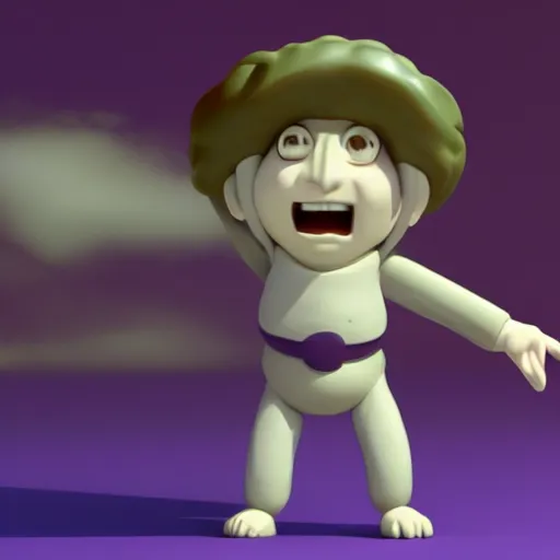 Image similar to purple clay character, laughing, studio ghibli looking at the camera, cute anime style, octane render