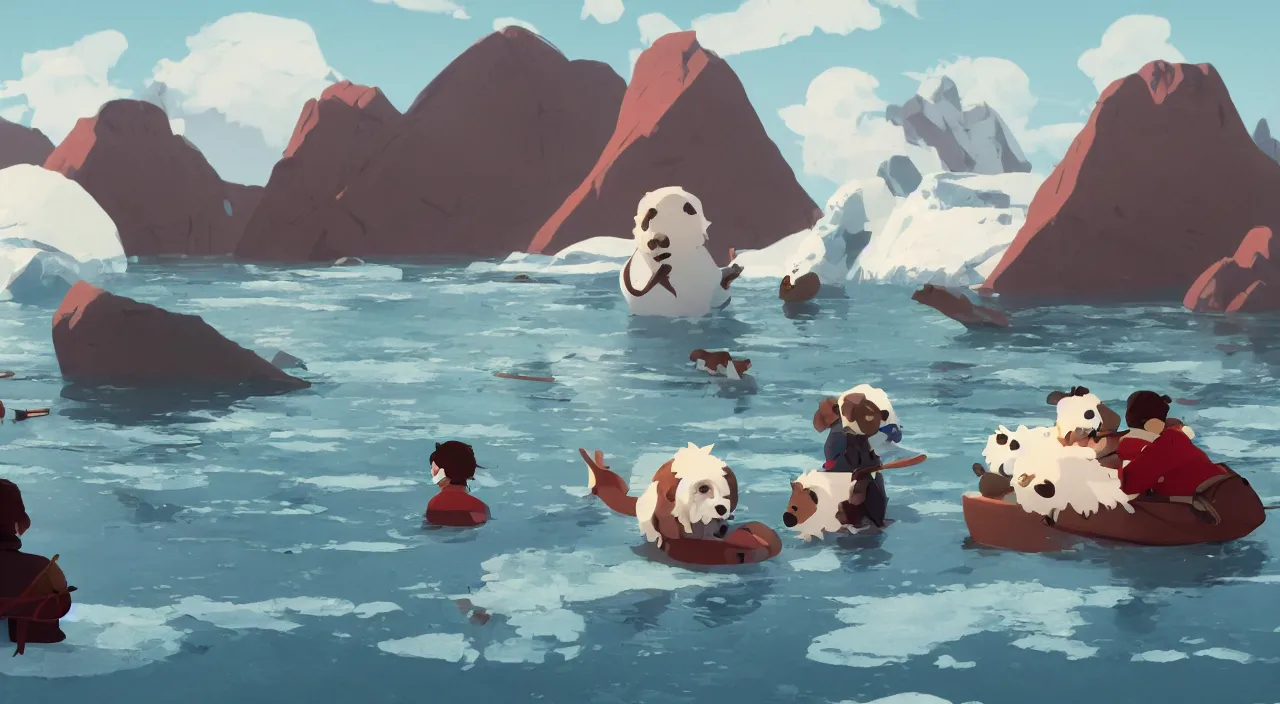 Image similar to havanese dogs pulling arctic explorers from the water, 1 9 0 0, tartakovsky, atey ghailan, goro fujita, studio ghibli, rim light, scary, afternoon lighting, clear focus, very coherent