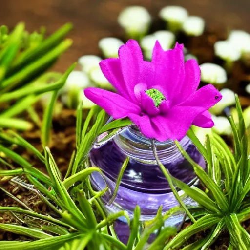 Prompt: perfume bottle in an enchanted flower patch, softly - lit, highly detailed, realistic, up close shot, f 2 0