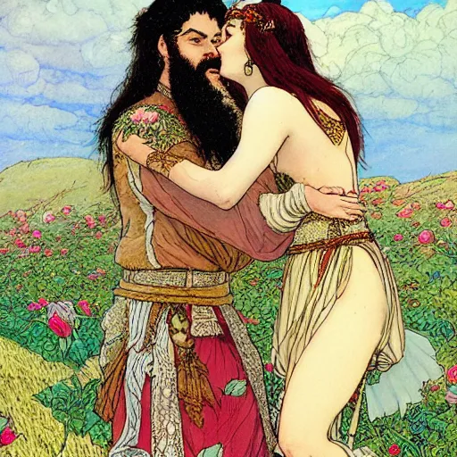 Prompt: a white skinned red bearded viking and a beautiful brown skinned indian princess kiss in a field of peonies, masterpiece, highly detailed, art by rebecca guay