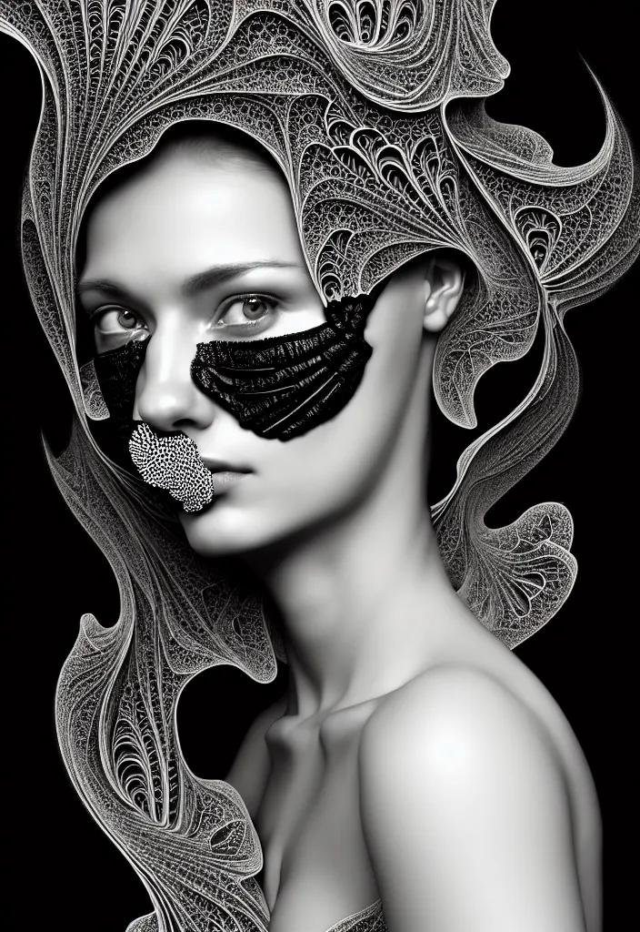 Image similar to portrait of a young beautiful woman with a partially covering mask. fractal, mandelbulb technique. black and white, black on black. intricate, elegant, super highly detailed, professional digital painting, smooth, extreme illustration, Photorealism, HD quality, 8k resolution, 3D, beautiful, cinematic, art. art deco, art nouveau.