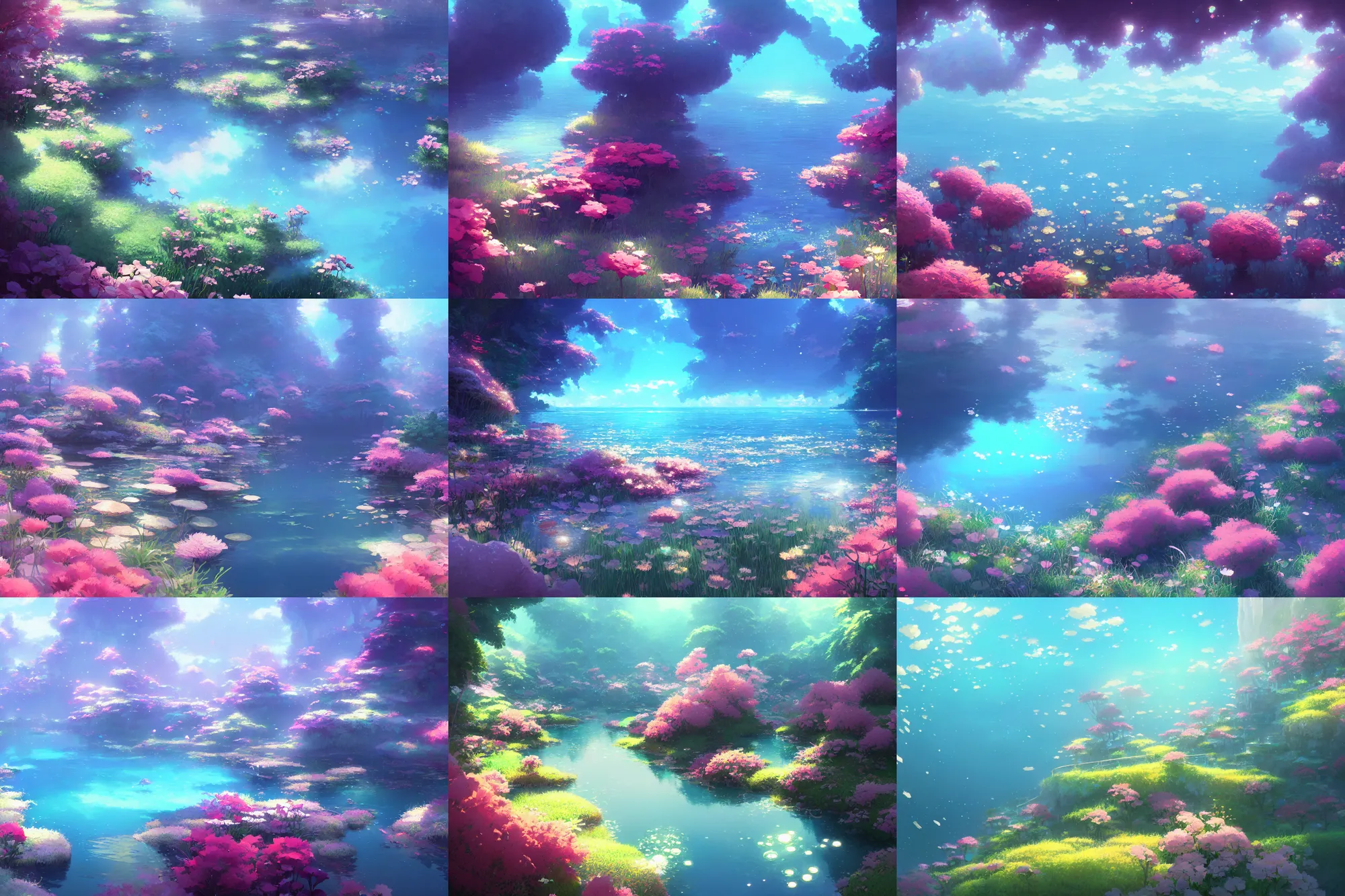 Prompt: flowers under the surface of sparkling clear water by makoto shinkai and thomas kinkade, james gilleard, overview, very detailed, deviantart, artstation, high quality, 4 k, ambient lighting, tone mapping