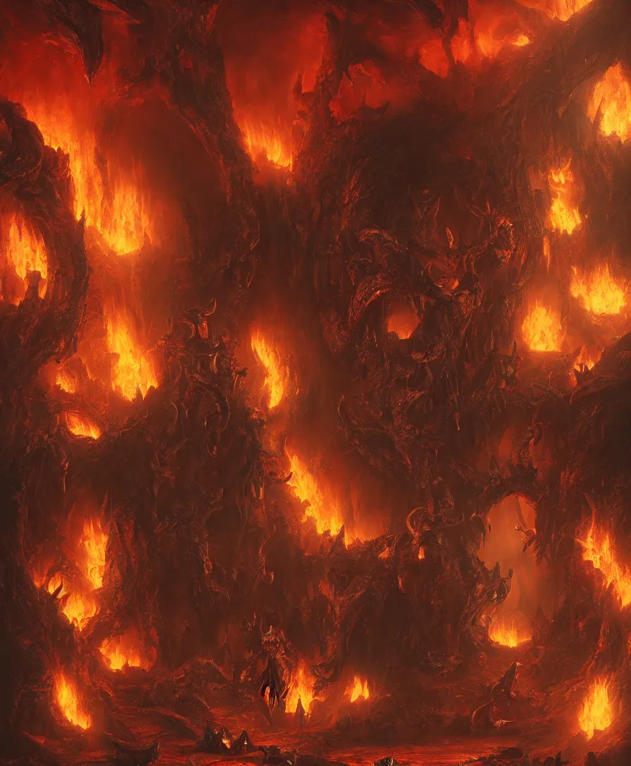 Prompt: hyper realistic devil on entrance of hell on fire and skulls, art by greg rutkowski, intricate, ultra detailed, photorealistic, vibrante colors, trending on artstation, octane render, 4 k, 8 k