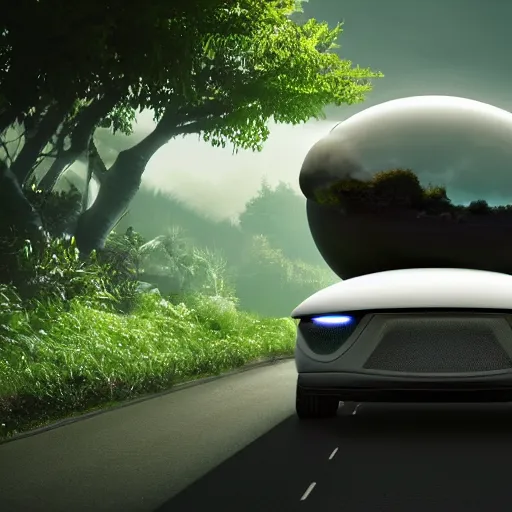 Image similar to a spherical car driving down the road with t - rex dancing behind it, smoky, green hills, many interstellar plants, futuristic concept design, atmospheric landscape, digital art, unreal engine, 8 k, cinematic level.