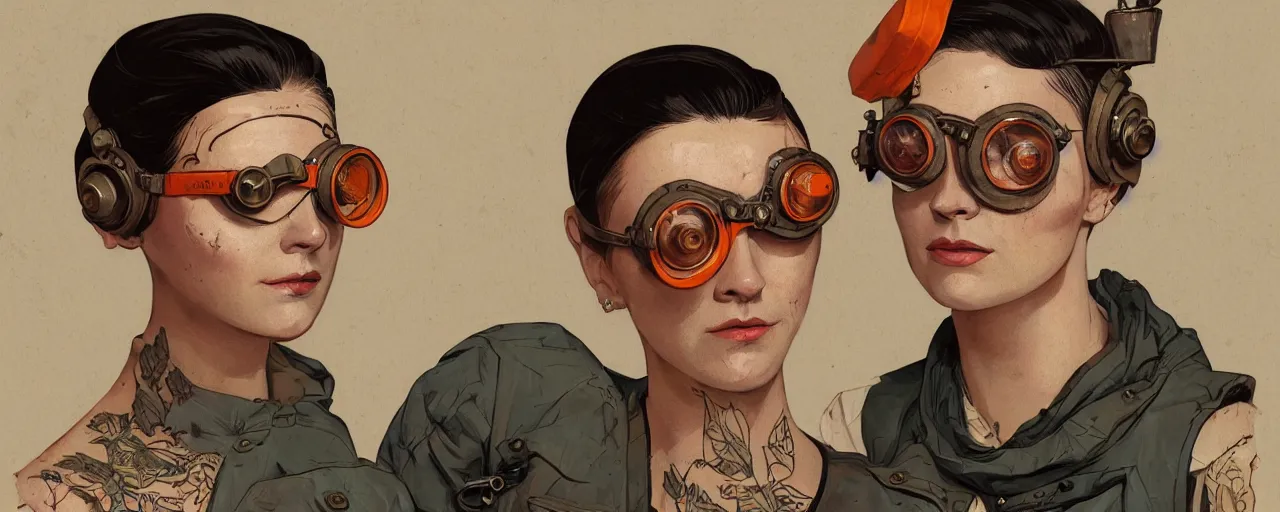 Image similar to vintage illustration 3 / 4 portrait of stoic tattooed heroic emotionless butch blonde woman engineer with short slicked - back hair, wearing victorian goggles, dirty orange bandana around neck, awkward and uncomfortable and anxious, dynamic composition by sachin teng and sergey kolesov and ron cobb. industrial space program, scifi, hyper detailed. octane render. concept art. trending on artstation