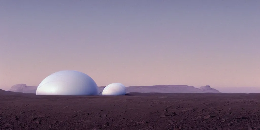 Image similar to a strange huge translucent pvc inflated organic architecture building white by jonathan de pas sits in the planet mars landscape, golden hour, film still from the movie directed by denis villeneuve with art direction by zdzisław beksinski, close up, telephoto lens, shallow depth of field