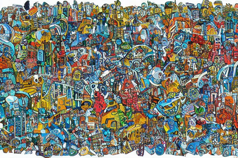 Prompt: an elaborate penned child illustration of a colorful intricate connected city of tubes and pipes, by jan van haasteren