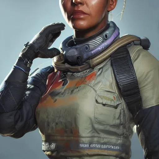 Image similar to photo realistic image of lifeline from apex legends, stunning 3 d render inspired art by istvan sandorfi and greg rutkowski, character posing, complete body, realistic and detailed eyes, realistic, highly detailed attributes and atmosphere, dim volumetric cinematic lighting,