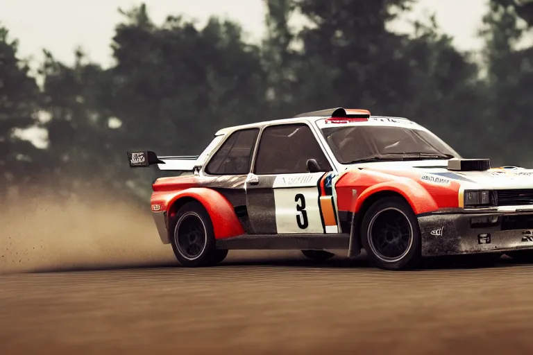 Image similar to group b rally car drifting, forza, photoreal, dynamic scene, dynamic lighting, 8 k, motion blur, dust, trending on artstation, higly detailed, ( higly detailed ), styleframe, crowned, artwork by wlop