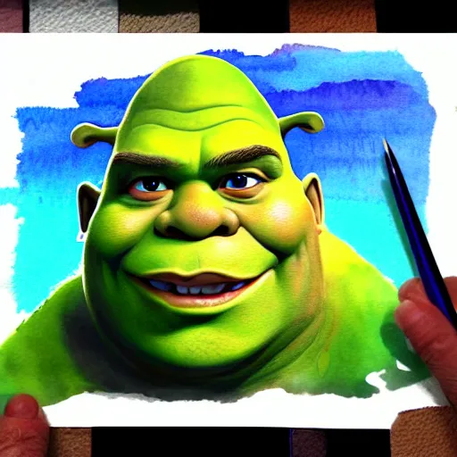 Prompt: water color art on paper, shrek portrait, highly detailed, artstation, masterpiece