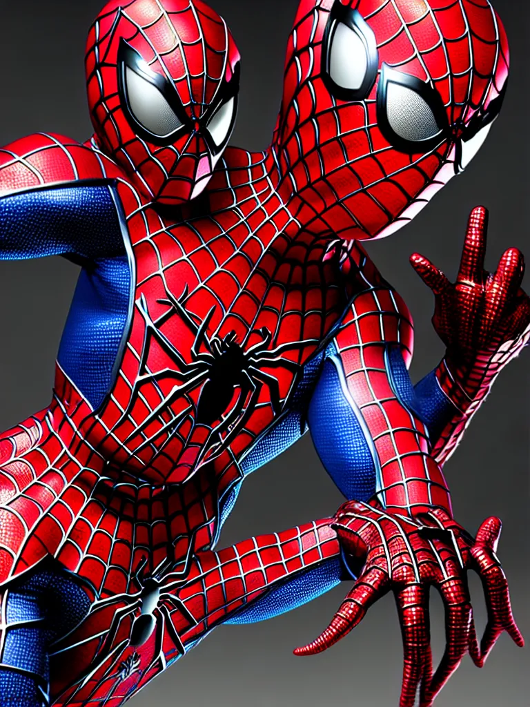 Prompt: spider man all metal suit, red chrome, shiny, reflective, metallic, 3 d render, realistic, hdr, stan winston studios, dramatic lighting, mirror finish