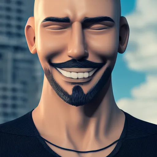 Prompt: attractive strong built irish english man with a chin beard and spiky blonde hair smiling at the camera, 3D octane render, character design
