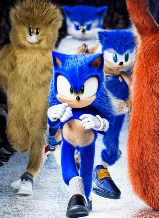 Image similar to hyperrealistic and heavy detailed moncler runway show of sonic the hedgehog, leica sl 2 5 0 mm, vivid color, high quality, high textured, real life