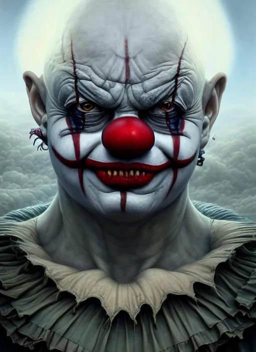 Prompt: closeup portrait shot of a evil clown in a scenic dystopian environment, intricate, elegant, highly detailed, centered, digital painting, artstation, concept art, smooth, sharp focus, illustration, artgerm, tomasz alen kopera, peter mohrbacher, donato giancola, joseph christian leyendecker, wlop, boris vallejo