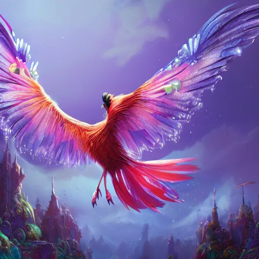 Prompt: a beautiful detailed 3d matte painting of a feathered critter sparkling with colourful energies in a brilliantky coloured fantasy setting, by beeple and ellen jewett and alex horley and Alexander Jansson, magical realism, hyperrealistic, ultrawide angle, smooth, texture, intricate, fantasy, trending on artstation, polarizer filter, volumetric lighting, micro details, 3d sculpture, octane render, 8k