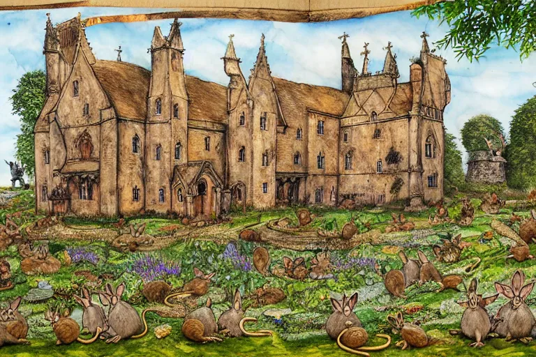 Image similar to an elaborate and dense painting of redwall abbey in mossflower wood with lots of mice and rabbits and otters walking around, detailed, made of alcohol ink on parchment and penned illustrations, by brian jacques
