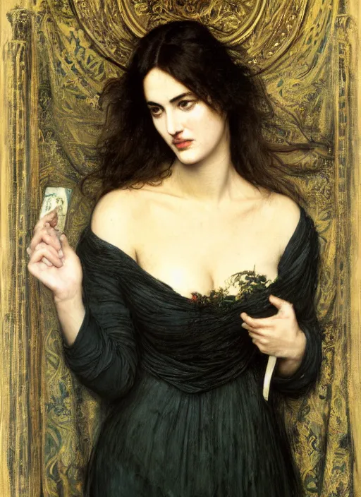 Image similar to a beautiful painting of monica bellucci by John Everett Millais and Dante Gabriel Rossetti and John Collier and john william waterhouse, pre-raphaelite, detailed, trending on artstation, hd, masterpiece