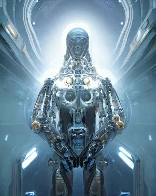 Image similar to benevolent cyborg necromancer, scifi, futuristic, helpful, kind, intelligent, alien room background, white, blue, gold, highly detailed, trending on artstation, soft light, holy machine, advanced technology, art by vitaly bulgarov and nivanh chanthara