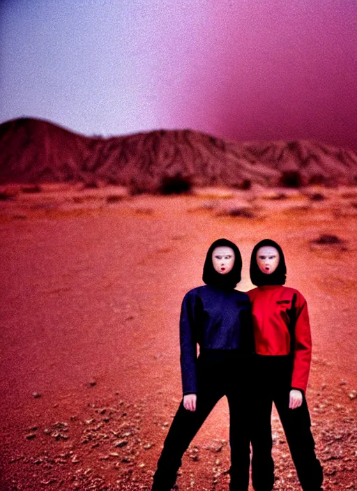 Image similar to photographic portrait shot on cinestill 5 0 d of two loving clones, techwear women on a desolate plain with a red sky, diverse, in front of a brutalist dark metal facility, dust storm, 3 5 mm, 8 k, depth of field, high resolution, ultra realistic faces