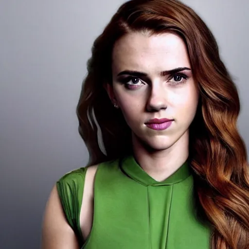 Image similar to a woman who is a genetic combination of scarlett johansson and emma watson face and upper - body focus