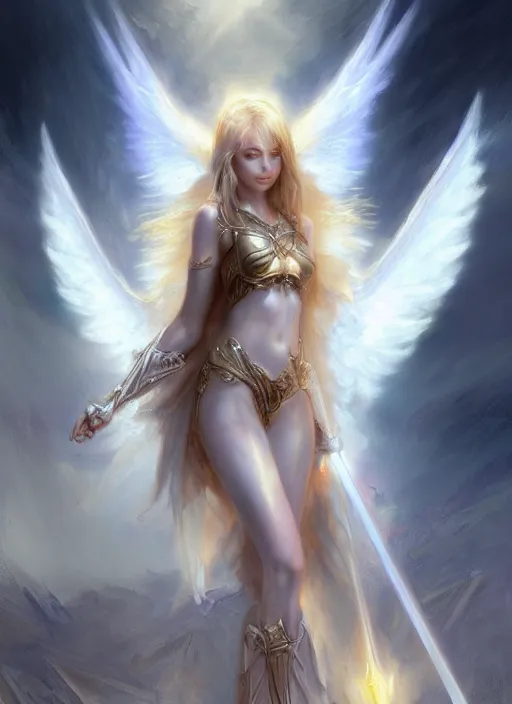 Image similar to concept art, angel knight girl. by artstation trending, by joseph mallord william turner, luis royo, konstantin razumov, cinematic lighting, fractal flame, highly detailed