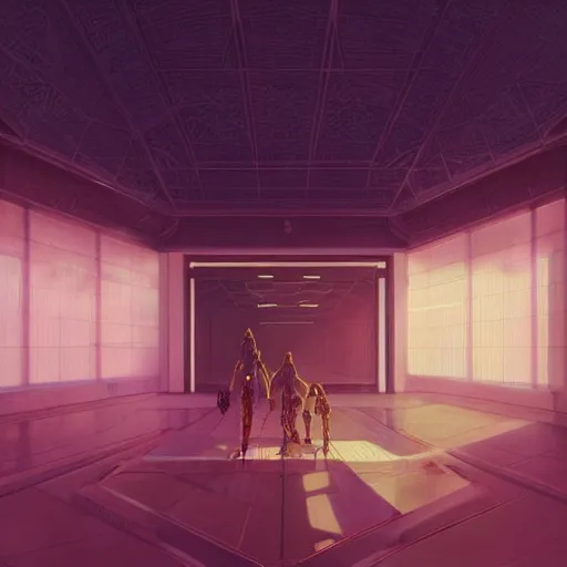 Prompt: scifi indoor liminal space, golden light, greg rutkowski, palm trees, pink door, minimalistic, hyperrealistic surrealism, award winning masterpiece with incredible details, epic stunning, infinity pool mirrors, a surreal vaporwave liminal space with mirrors, highly detailed, trending on artstation, artgerm and greg rutkowski and alphonse mucha, daily deviation