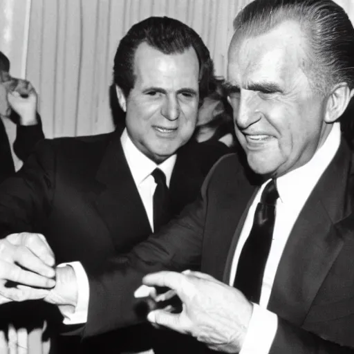 Prompt: Donald Trump drinking martinis with Nixon in hell, realistic