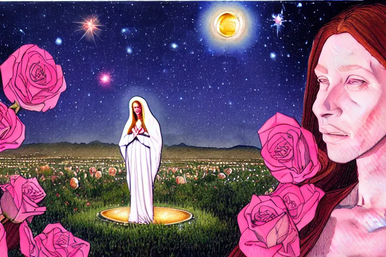 Image similar to a hyperrealist watercolour character concept art portrait of the virgin mary on well lit starry night in las vegas, nevada. a ufo is in the background. roses adorn. by michael kaluta, charles vess and jean moebius giraud