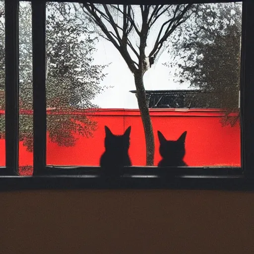 Image similar to two black cats looking through the window, red building and tree in the background, instagram, grainy picture, natural nightning