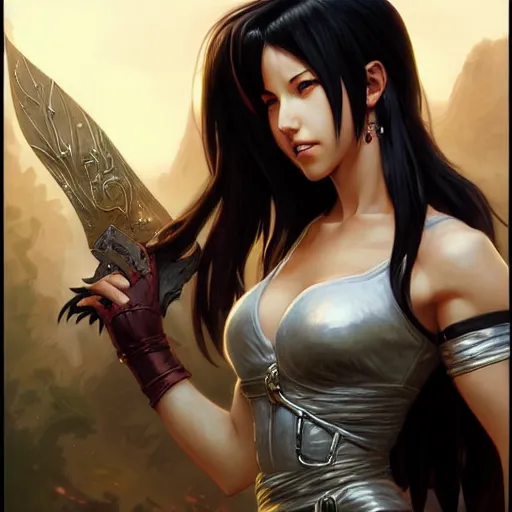 Image similar to an epic fantasy comic book style portrait painting of tifa, d & d, fantasy, intricate, elegant, digital painting, artstation, concept art, extremely detailed, matte, sharp focus, illustration, art by artgerm and greg rutkowski and alphonse mucha