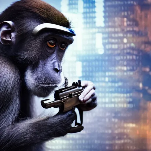 Prompt: a monkey with a revolver in his hands, human man with camera stands behind the monkey, real life photo, 4 k, cyberpunk, highly detailed, sharp focus - h 8 0 0