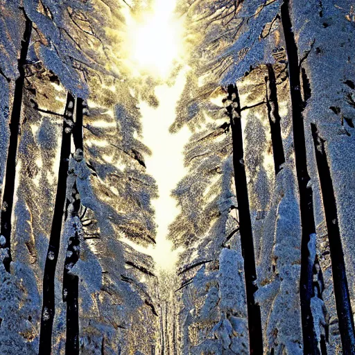 Prompt: winter forest, snow, trees, sunny : : by benoit b mandelbrot