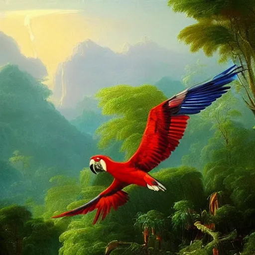 Prompt: gorgeous macaws flying at dawn in the distance through the forest, jungle mountains in the background, sentient bird, highly detailed, heavenly lighting, trending on art station, very detailed birds, painting by thomas cole