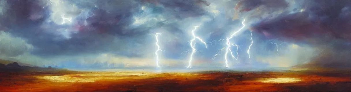 Image similar to lightning in the distance epic landscape painting heavy brushstrokes thick oil paint smears ultrawide