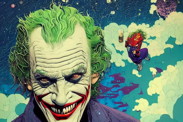 Prompt: stunning portrait of christopher lloyd as the joker by victo ngai, kilian eng vibrant colors, winning - award masterpiece, fantastically gaudy, aestheticly inspired by beksinski and dan mumford, 4 k upscale with simon stalenhag work, sitting on the cosmic cloudscape