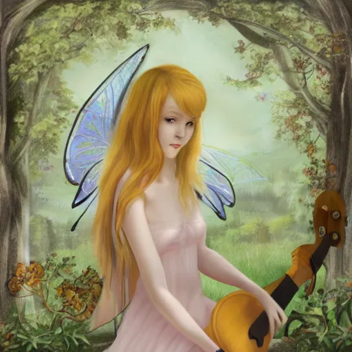 Image similar to elfen fairy, bard, lute, art student, cardigan, blonde, male