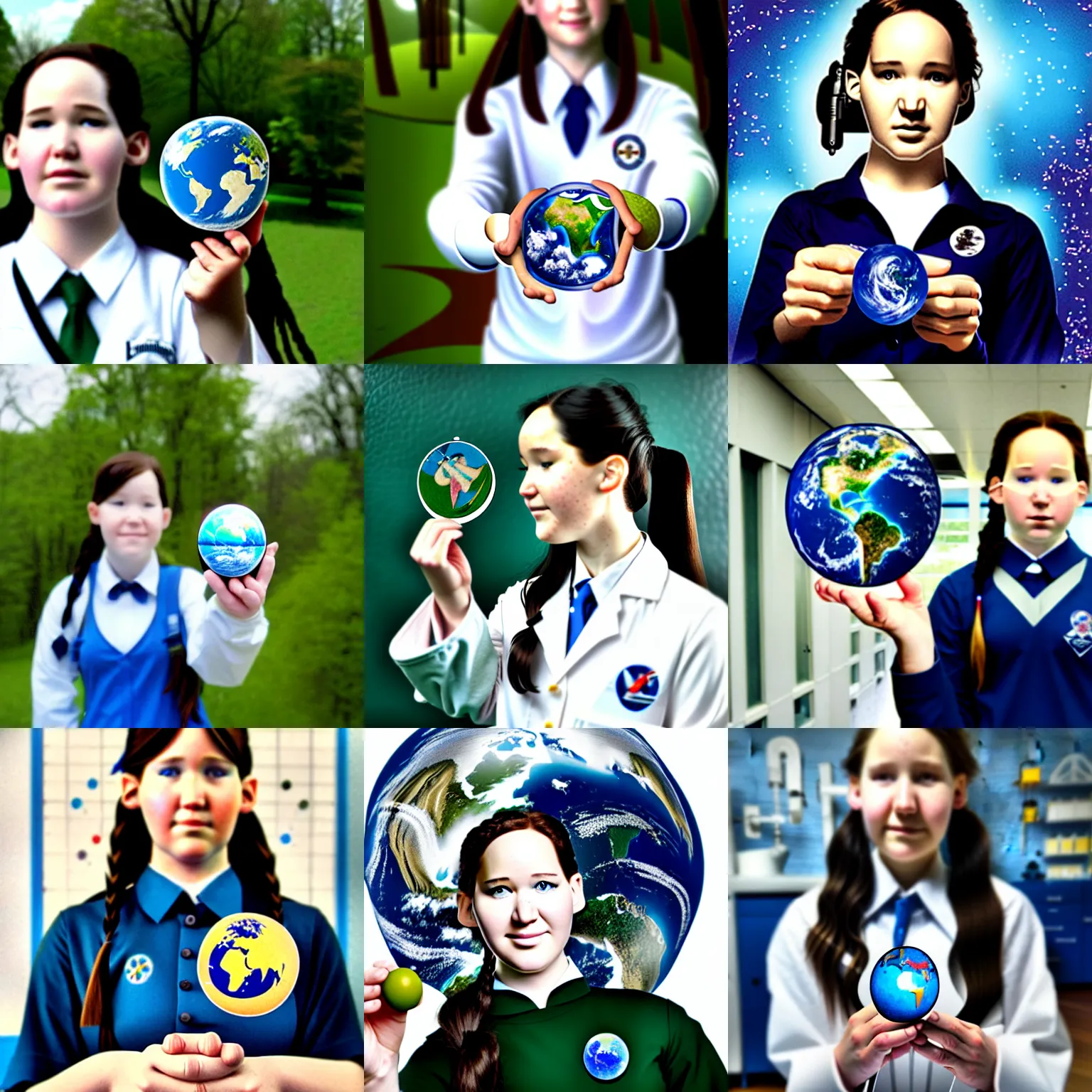 Prompt: a laboratory, ( ( ( ( ( katniss everdeen ) ) ) ) ) as a student, wearing a school uniform, is holding a tiny planet earth, photography